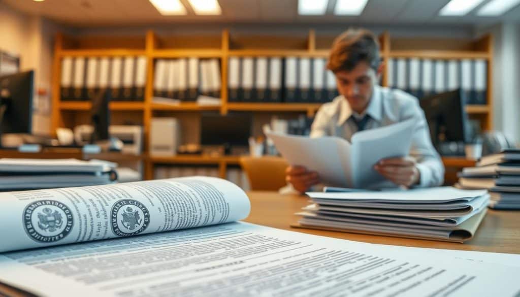 A detailed, technical illustration of the requirements and conditions for accessing the child complement in retirement. Foreground depicts a close-up of official documents, paperwork, and government seals, conveying the formal, bureaucratic nature of the process. Middle ground shows a person meticulously reviewing and organizing the necessary forms and files. Background reveals an office setting with shelves of legal binders, computers, and other administrative equipment, suggesting the administrative complexity of the process. Warm, neutral lighting casts a professional, authoritative atmosphere. High-resolution, photorealistic style with a sharp, detailed lens. A detailed, technical illustration of the requirements and conditions for accessing the child complement in retirement. Foreground depicts a close-up of official documents, paperwork, and government seals, conveying the formal, bureaucratic nature of the process. Middle ground shows a person meticulously reviewing and organizing the necessary forms and files. Background reveals an office setting with shelves of legal binders, computers, and other administrative equipment, suggesting the administrative complexity of the process. Warm, neutral lighting casts a professional, authoritative atmosphere. High-resolution, photorealistic style with a sharp, detailed lens.