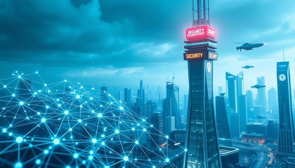 A detailed, technologically-advanced scene depicting blockchain technology and cybersecurity. In the foreground, a complex blockchain network of interconnected nodes and transactions is visualized in a sleek, three-dimensional holographic display. In the middle ground, a towering security tower with advanced encryption protocols and surveillance systems stands guard, its angular design conveying a sense of technological sophistication. The background features a futuristic cityscape with gleaming skyscrapers and hovering transportation, all bathed in a cool, azure-tinted lighting that enhances the high-tech ambiance. The overall scene should evoke a sense of cutting-edge innovation, digital security, and the transformative power of blockchain technology.