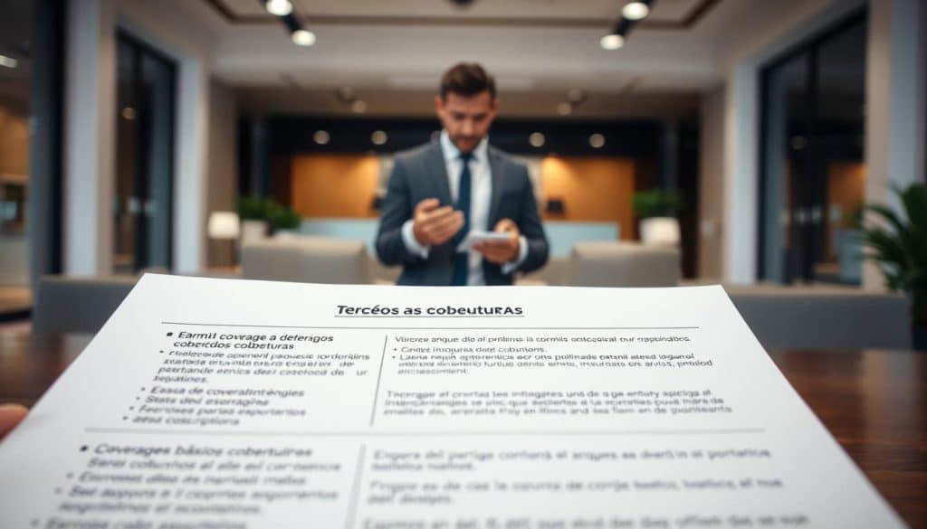 A detailed, well-lit image of terceros básico coberturas, a section of an insurance policy. The foreground shows the various coverage options and their descriptions, presented in a clean, organized manner. The middle ground features a professional-looking person, possibly an insurance agent, explaining the details to a client. The background depicts a modern office setting with sleek furniture and large windows, conveying a sense of trust and professionalism. The lighting is soft and even, highlighting the important information without distracting from the overall composition. The image should inspire confidence in the insurance provider's offerings and service. A detailed, well-lit image of terceros básico coberturas, a section of an insurance policy. The foreground shows the various coverage options and their descriptions, presented in a clean, organized manner. The middle ground features a professional-looking person, possibly an insurance agent, explaining the details to a client. The background depicts a modern office setting with sleek furniture and large windows, conveying a sense of trust and professionalism. The lighting is soft and even, highlighting the important information without distracting from the overall composition. The image should inspire confidence in the insurance provider's offerings and service.