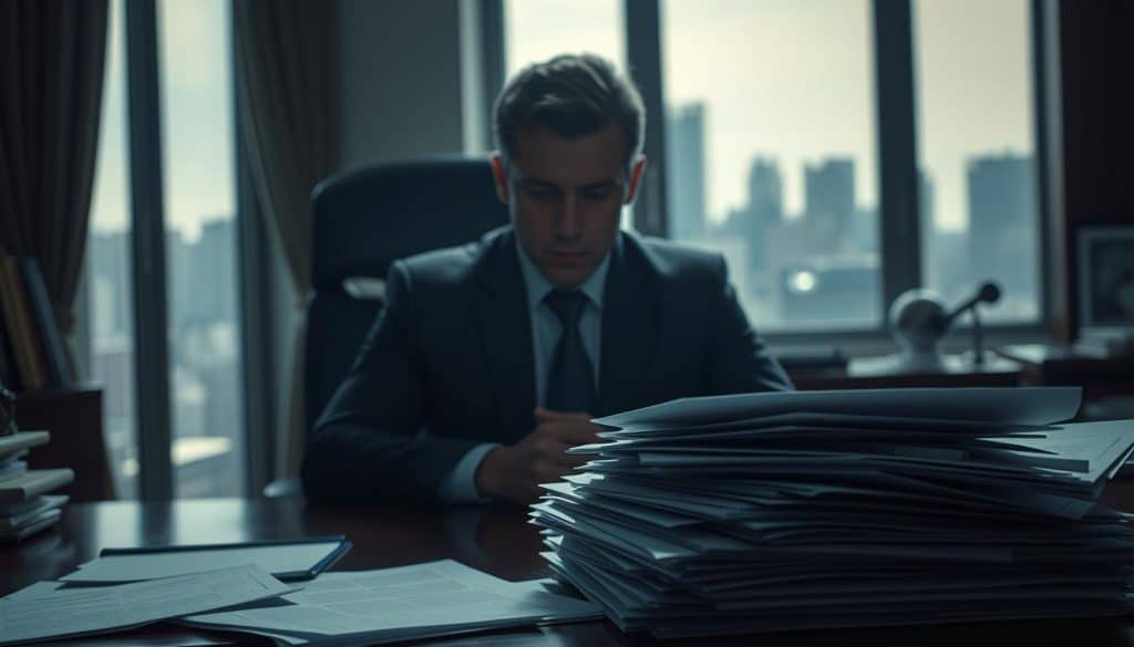 A dimly lit financial office, the air thick with tension. In the foreground, a stack of documents and folders spill across a mahogany desk, representing the complexities of an inherited debt. The middle ground reveals a pensive individual, brow furrowed, contemplating the weight of the situation. In the background, a window offers a glimpse of a bustling cityscape, a subtle metaphor for the interconnected nature of financial obligations. Soft, dramatic lighting casts shadows, adding a sense of gravity and unease to the scene. The overall mood is one of contemplation, the subject grappling with the risks and responsibilities of an inherited financial burden.