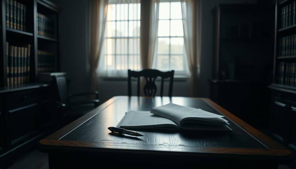 A dimly lit office interior, with a wooden desk and chair taking center stage. On the desk, a stack of legal documents and a pen, alluding to the administrative aspect of the pension requirements. In the background, a window allows soft, diffused natural light to filter in, creating a sense of solemnity and contemplation. The walls are adorned with shelves holding reference books, hinting at the research and legal knowledge needed to navigate the pension process. The overall atmosphere is one of professionalism and attention to detail, reflecting the importance of understanding the precise requirements for claiming the widow's pension. A dimly lit office interior, with a wooden desk and chair taking center stage. On the desk, a stack of legal documents and a pen, alluding to the administrative aspect of the pension requirements. In the background, a window allows soft, diffused natural light to filter in, creating a sense of solemnity and contemplation. The walls are adorned with shelves holding reference books, hinting at the research and legal knowledge needed to navigate the pension process. The overall atmosphere is one of professionalism and attention to detail, reflecting the importance of understanding the precise requirements for claiming the widow's pension.