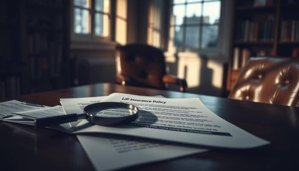 A dimly lit office space, with a wooden desk and a leather chair in the foreground. On the desk, a life insurance policy document lies open, its pages partially obscured by a magnifying glass, symbolizing the careful examination of exclusions and limiting conditions. In the middle ground, bookshelves line the walls, casting shadows that add to the contemplative atmosphere. The background is slightly blurred, but a window can be seen, hinting at the outside world beyond the confines of the office. The lighting is warm and muted, creating a pensive mood, as if the viewer is considering the implications of the insurance policy's exclusions and limitations.