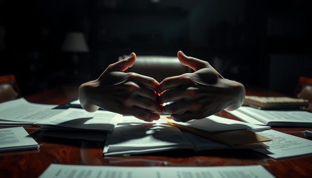 A dimly lit office, the air thick with tension. On a mahogany desk, scattered documents and a pair of hands in conflict, representing the "conflicto intereses tutela" - the clash of interests in the management of a minor's inheritance. Soft, directional lighting casts dramatic shadows, emphasizing the gravity of the situation. The background is blurred, allowing the viewer to focus on the central struggle. The overall mood is one of unease and uncertainty, hinting at the legal complexities involved in navigating the "Procedimientos y Conflictos en la Administración del Patrimonio".