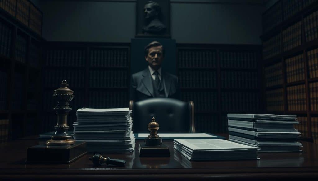 A dimly lit, somber government office interior. On a mahogany desk, an ornate stamp and ink pad sit next to stacks of official-looking documents. Behind the desk, an imposing bust of a notable figure gazes sternly. Soft, moody lighting casts dramatic shadows, evoking a sense of solemn importance. The walls are lined with shelves filled with leather-bound volumes, alluding to the weight of tradition and bureaucracy. The scene conveys the gravity and solemnity of the inheritance registration process, reflecting the "Contexto y Relevancia de Heredar sin Testamento" section of the article.