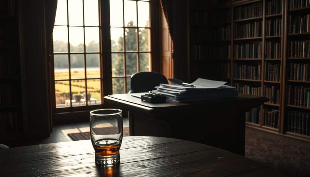 A dimly lit study, with bookshelves lining the walls and a large oak desk in the center. On the desk, a stack of legal documents and a quill pen, suggesting the contemplation of a difficult decision. The lighting is warm and muted, creating a pensive atmosphere. In the foreground, a glass of aged whiskey sits untouched, hinting at the emotional weight of the moment. Through the window, a view of a sprawling, sun-dappled garden, a reminder of the natural world beyond the confines of the room. The overall scene conveys the sense of a weighty and complex decision, one that must be carefully considered before taking action.