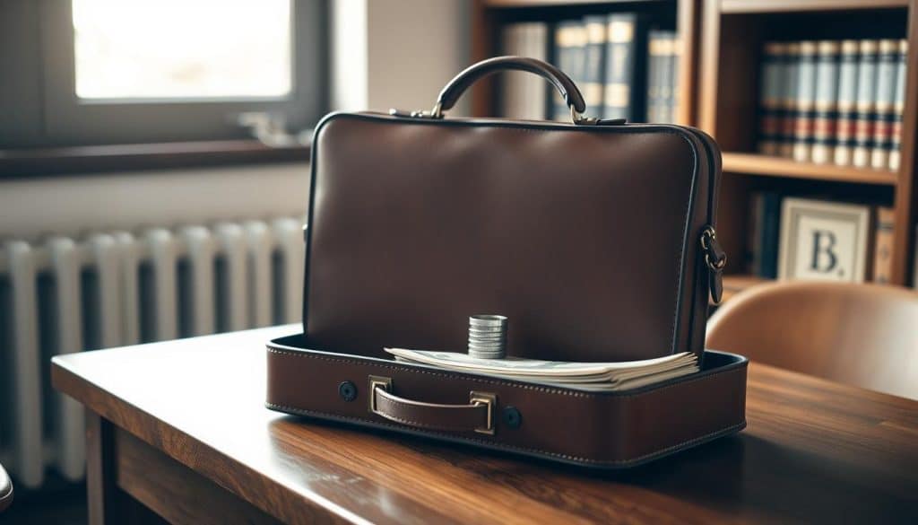 A diverse investment portfolio presented as a neat leather briefcase resting on a wooden desk. The briefcase is well-worn and polished, symbolizing the care and attention given to managing a varied financial assets. Soft natural lighting filters in through a window, casting a warm glow on the scene. In the background, a bookshelf holds financial tomes, reflecting the research and planning that goes into building a balanced portfolio. The overall mood is one of security, stability, and the potential for growth, conveying the benefits of a diversified approach to investing.