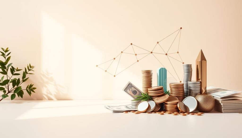 A diverse portfolio of investment strategies showcased against a clean, minimalist backdrop. In the foreground, a variety of financial instruments such as stocks, bonds, and mutual funds are neatly arranged, representing the different assets in a diversified investment plan. The middle ground features abstract geometric shapes and lines, symbolizing the complex web of investment options and the need for strategic allocation. The background is a soft, neutral tone, creating a sense of balance and serenity, inviting the viewer to contemplate the long-term benefits of a diversified investment approach. Warm, directional lighting illuminates the scene, casting subtle shadows and highlighting the details of the financial instruments. The overall composition conveys a sense of order, stability, and the potential for growth inherent in a well-designed investment strategy. Prompt