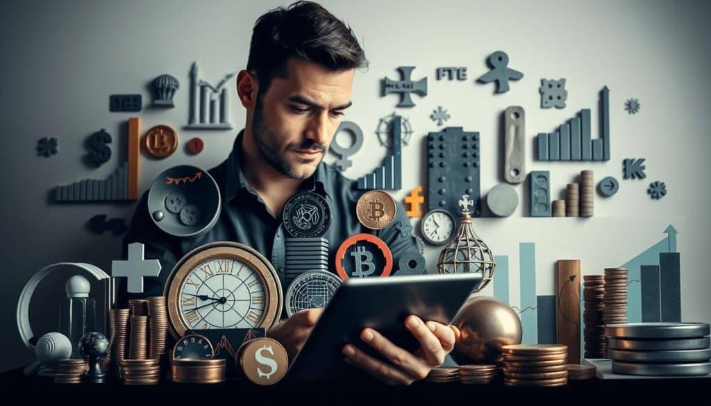 A diversified portfolio of financial instruments, including stocks, bonds, and alternative investments, arranged in a visually appealing and harmonious composition. The scene features a thoughtful investor examining a tablet or laptop, surrounded by a variety of financial symbols and icons, each element carefully balanced and integrated into the overall design. The lighting is soft and directional, creating depth and highlighting the different textures and materials. The color palette is muted and subdued, conveying a sense of stability and sophistication. The composition emphasizes the importance of diversification and strategic asset allocation, key principles for avoiding common investment pitfalls.