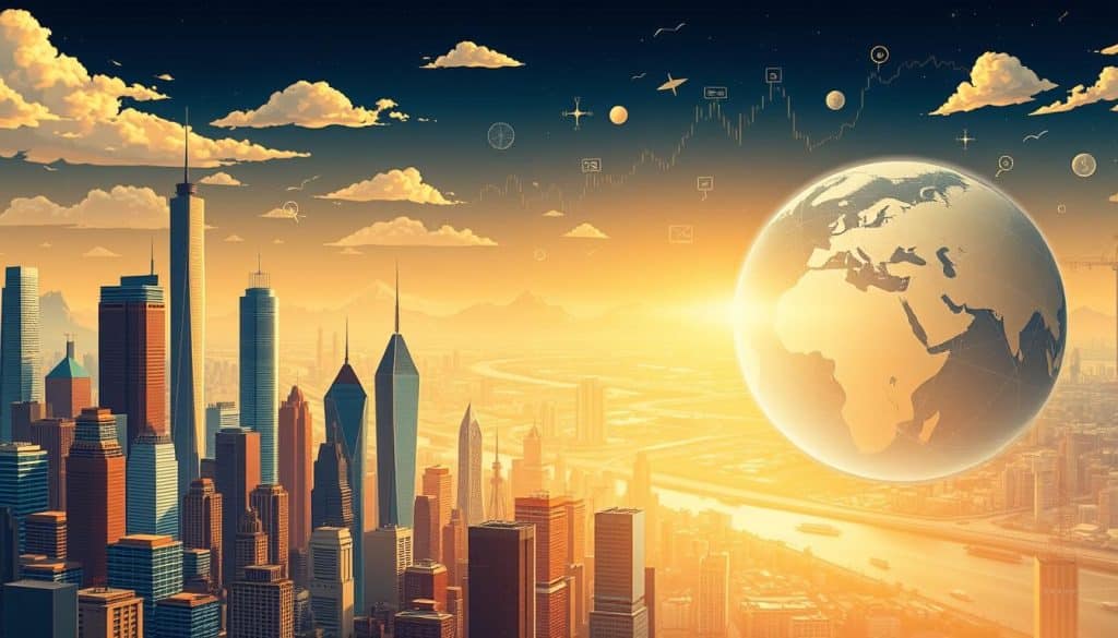 A dynamic illustration depicting the economic outlook for 2025. In the foreground, a vibrant cityscape with towering skyscrapers and bustling activity, conveying a sense of growth and optimism. In the middle ground, a global marketplace with international trade symbols and financial graphs, showcasing the interconnected nature of the world economy. In the background, a panoramic view of the globe, with shifting continents and shifting weather patterns, hinting at the broader macroeconomic trends and uncertainties. The lighting is a warm, golden hue, creating an atmosphere of cautious optimism. The overall composition is balanced and visually engaging, capturing the complexity and nuance of the economic perspectives for the year 2025.