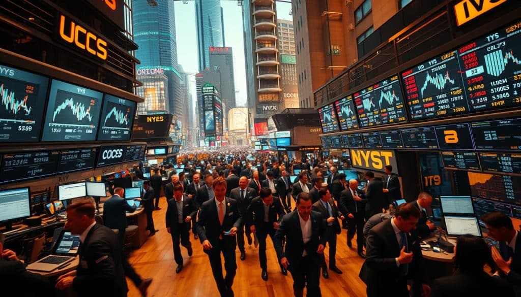 A dynamic stock market scene in 2025, with a bustling trading floor surrounded by towering skyscrapers and a vibrant cityscape. Traders in suits rush between screens displaying real-time market data, their faces illuminated by the glow of digital displays. The atmosphere is charged with a sense of energy and urgency, reflecting the ever-changing landscape of the variable income market. Warm, directional lighting casts dramatic shadows, heightening the sense of action and movement. The scene is captured from a high vantage point, providing a birds-eye view of the intricate web of financial activity. This image conveys the evolving dynamics and opportunities presented by the shift from fixed to variable income investments in the year 2025.