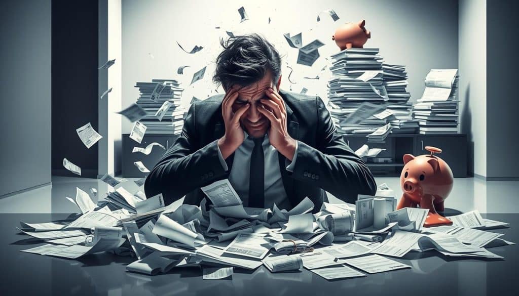 A dynamic, thought-provoking illustration of common financial errors. Set in a sleek, minimalist office environment, the scene depicts a distraught figure surrounded by a whirlwind of crumpled documents, scattered receipts, and a tangle of financial statements. Dramatic lighting casts dramatic shadows, emphasizing the sense of confusion and overwhelm. The figure's posture and expression convey a visceral sense of frustration and regret. In the background, a towering stack of bills and a leaking piggy bank hint at the consequences of poor financial management. The overall composition and mood evoke the complex emotional and practical challenges of navigating personal finances. A dynamic, thought-provoking illustration of common financial errors. Set in a sleek, minimalist office environment, the scene depicts a distraught figure surrounded by a whirlwind of crumpled documents, scattered receipts, and a tangle of financial statements. Dramatic lighting casts dramatic shadows, emphasizing the sense of confusion and overwhelm. The figure's posture and expression convey a visceral sense of frustration and regret. In the background, a towering stack of bills and a leaking piggy bank hint at the consequences of poor financial management. The overall composition and mood evoke the complex emotional and practical challenges of navigating personal finances.