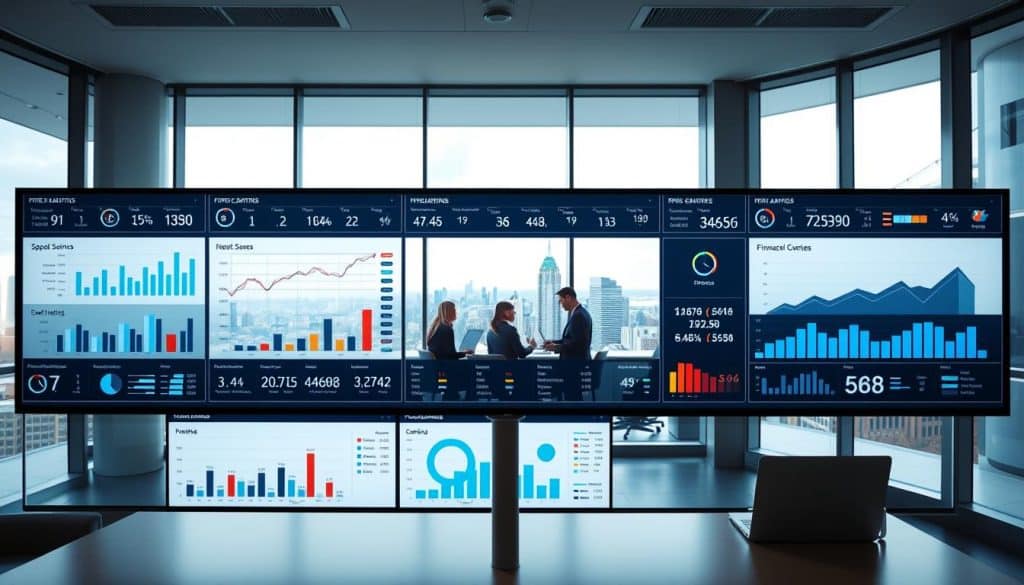A financial control strategy dashboard displayed on a large, high-resolution monitor. In the foreground, various financial metrics and KPIs are presented in a clean, data-driven layout, using intuitive data visualizations like charts, graphs, and tables. The middle ground features a panoramic view of a modern corporate office, with employees collaborating on financial planning and analysis tasks. In the background, a cityscape of skyscrapers and bustling streets can be seen through the office windows, conveying a sense of the broader financial landscape. The lighting is soft and balanced, creating a professional, analytical atmosphere. The camera angle is slightly elevated, giving a comprehensive overview of the financial control strategies in action. A financial control strategy dashboard displayed on a large, high-resolution monitor. In the foreground, various financial metrics and KPIs are presented in a clean, data-driven layout, using intuitive data visualizations like charts, graphs, and tables. The middle ground features a panoramic view of a modern corporate office, with employees collaborating on financial planning and analysis tasks. In the background, a cityscape of skyscrapers and bustling streets can be seen through the office windows, conveying a sense of the broader financial landscape. The lighting is soft and balanced, creating a professional, analytical atmosphere. The camera angle is slightly elevated, giving a comprehensive overview of the financial control strategies in action.