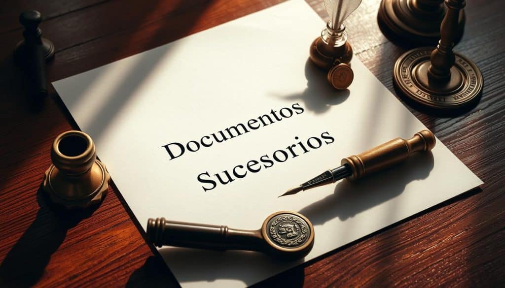 A formal, elegantly-lit document on a mahogany desk, with a quill pen, an open inkwell, and a brass-framed seal beside it. The document's title "Documentos Sucesorios" is prominently displayed, conveying the gravity and importance of the inheritance proceedings. Soft, directional lighting illuminates the scene, casting warm, dramatic shadows that accentuate the textures of the materials. The composition is balanced, with the document taking center stage, surrounded by the tools of the trade, creating a sense of authority and professionalism befitting the subject matter.