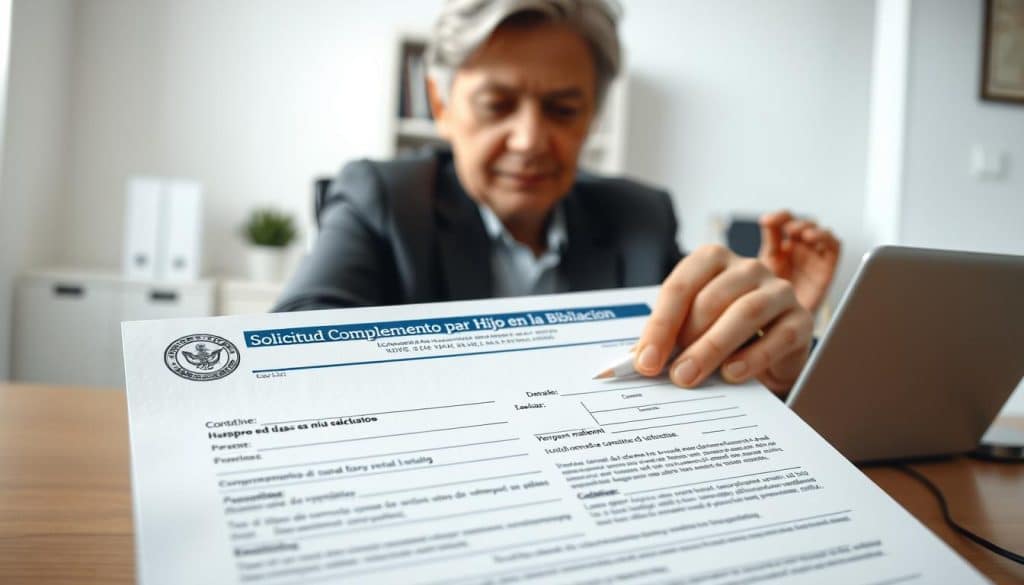 A formal, government-issued document with a blue header and seal, depicting a middle-aged person filling out a form titled "Solicitud Complemento por Hijo en la Jubilación" (Application for Child Supplement in Retirement). The form features fields for personal information, child details, and a declaration. The background is a clean, professional office setting with a desk, laptop, and bookshelf. Soft, diffused lighting creates a calm, authoritative atmosphere, emphasizing the importance of the process. The overall composition suggests a serious, yet approachable, government administrative procedure. A formal, government-issued document with a blue header and seal, depicting a middle-aged person filling out a form titled "Solicitud Complemento por Hijo en la Jubilación" (Application for Child Supplement in Retirement). The form features fields for personal information, child details, and a declaration. The background is a clean, professional office setting with a desk, laptop, and bookshelf. Soft, diffused lighting creates a calm, authoritative atmosphere, emphasizing the importance of the process. The overall composition suggests a serious, yet approachable, government administrative procedure.