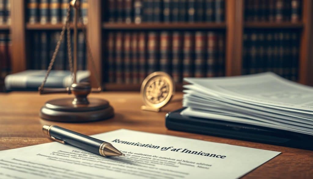 A formal legal document depicting the renunciation of an inheritance, illuminated by a warm, soft light. In the foreground, a pen resting on a wooden desk, next to a carefully arranged stack of papers. In the middle ground, a legal seal and stamp, signifying the official nature of the proceedings. The background features a bookshelf filled with legal volumes, hinting at the expertise and experience required to navigate this process. The overall atmosphere is one of solemn professionalism, conveying the gravity and importance of the decision to relinquish one's inheritance.