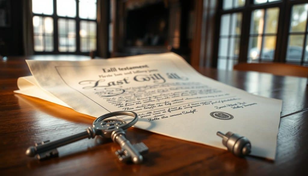 A formal legal document resting on a wooden table, illuminated by soft, natural lighting filtering through large windows. The parchment-like pages feature intricate calligraphic scripts and official seals, conveying the gravity and significance of a last will and testament. In the foreground, a pair of elegant, antique silver keys lie alongside the document, symbolizing the transfer of property and responsibilities. The background is softly blurred, focusing the viewer's attention on the testament's important details. An atmosphere of solemnity and reverence pervades the scene, befitting the solemn nature of the subject matter.