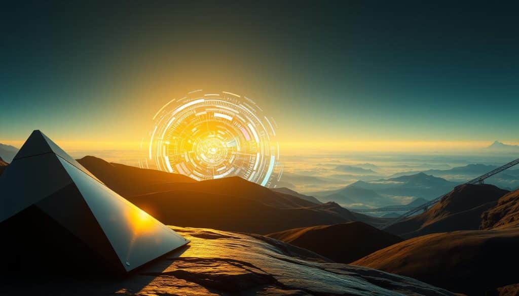 A futuristic, abstract landscape depicting the temporal horizon of financial investments. In the foreground, a sleek, metallic structure representing the short-term nature of these investments, its sharp angles and gleaming surfaces reflecting the dynamism of the market. In the middle ground, a swirling vortex of colorful data visualizations, pulsing with energy and motion, symbolizing the complex algorithms and rapid decision-making that drive modern finance. In the distant background, a vast, ethereal expanse of shifting, translucent planes, hinting at the deeper, long-term implications of these investment decisions. Dramatic, high-contrast lighting casts dramatic shadows, lending a sense of gravity and weight to the scene. The overall composition conveys a sense of both the power and the ephemerality of financial markets.