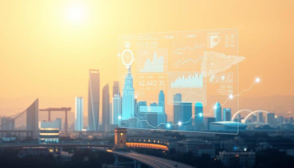 A futuristic, sleek illustration of automated investment management in Spain. In the foreground, a holographic display showcases financial data and algorithms, conveying the seamless, technology-driven nature of automated investing. The middle ground features a stylized cityscape, with skyscrapers and modern architecture, symbolizing the urban, financial hub. The background is bathed in a warm, golden glow, creating a sense of prosperity and growth. The overall composition is clean, minimalist, and evokes a sense of efficiency, innovation, and the cutting edge of Spain's automated investment landscape.