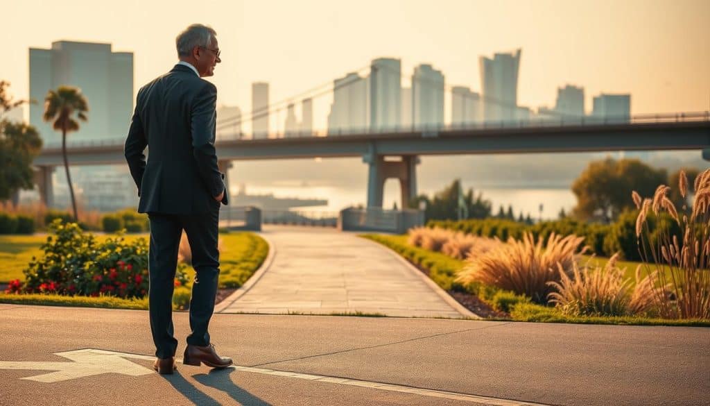 A gradual transition from a full-time career to retirement, depicted through a serene scene. In the foreground, a mature professional, dressed in business attire, stands at a crossroads, one foot stepping into a pathway leading to a tranquil, sun-dappled garden. The middle ground features a bridge, symbolizing the gradual shift from work to leisure, with soft, warm lighting illuminating the scene. In the background, skyscrapers and office buildings fade into the distance, representing the gradual departure from the corporate world. The overall atmosphere conveys a sense of balance, contemplation, and the peaceful embrace of a new phase of life.
