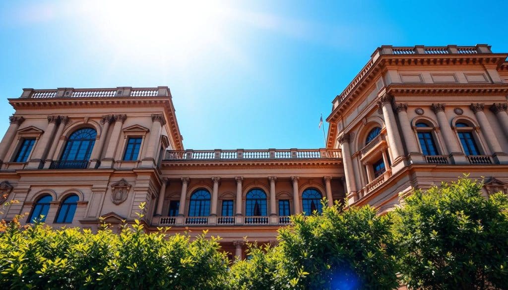 A grand, majestic building set against a clear, azure sky, representing the authority and tradition of Catalan civil law. The structure is adorned with intricate architectural details, columns, and arched windows that evoke a sense of grandeur and history. Sunlight streams through the windows, casting warm, golden hues across the façade. In the foreground, a lush, verdant garden adds a touch of serenity and natural beauty, reflecting the holistic nature of Catalan civil legislation. The entire scene conveys a sense of stability, sophistication, and the enduring legacy of Catalonia's unique legal system.