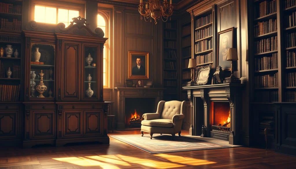 A grand, ornate wooden cabinet stands in the foreground, its shelves adorned with antique books, porcelain vases, and a framed family portrait. Warm, golden light filters through the window, casting a cozy glow over the scene. In the middle ground, a plush armchair sits next to a crackling fireplace, hinting at the rich history and legacy this space holds. The background is filled with floor-to-ceiling bookshelves, their volumes representing the knowledge and wisdom passed down through generations. The atmosphere is one of reverence, tradition, and the enduring value of patrimony.