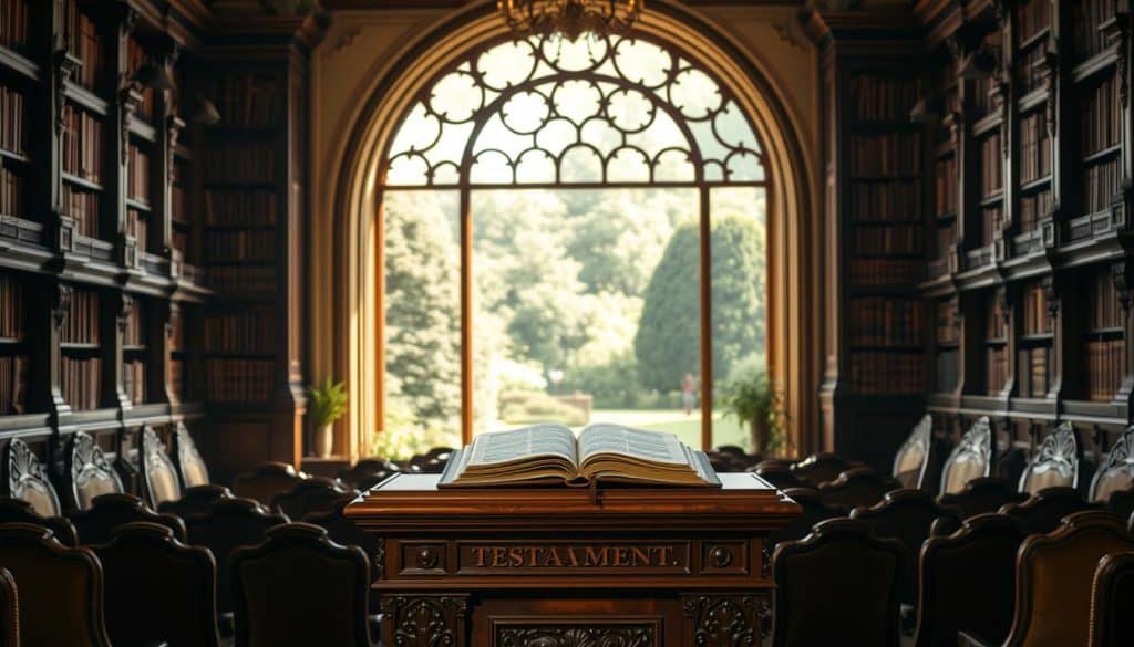 A grandiose wooden lectern stands prominently in the foreground, its intricate carvings and ornate detailing conveying a sense of gravitas and authority. Atop the lectern rests a large, leather-bound book - the testament, its pages filled with the final wishes and bequests of a departed relative. In the middle ground, rows of plush, high-backed chairs surround the lectern, suggesting a formal gathering or legal proceeding. The lighting is soft and warm, casting a reverent glow over the scene. The background depicts a stately, old-world interior, with towering bookshelves lining the walls and a majestic, arched window framing the view outside - a lush, verdant garden, symbolizing the enduring legacy and patrimony being discussed. The overall atmosphere is one of solemnity, tradition, and the weight of familial responsibility, as the testament and patrimony are meticulously navigated.