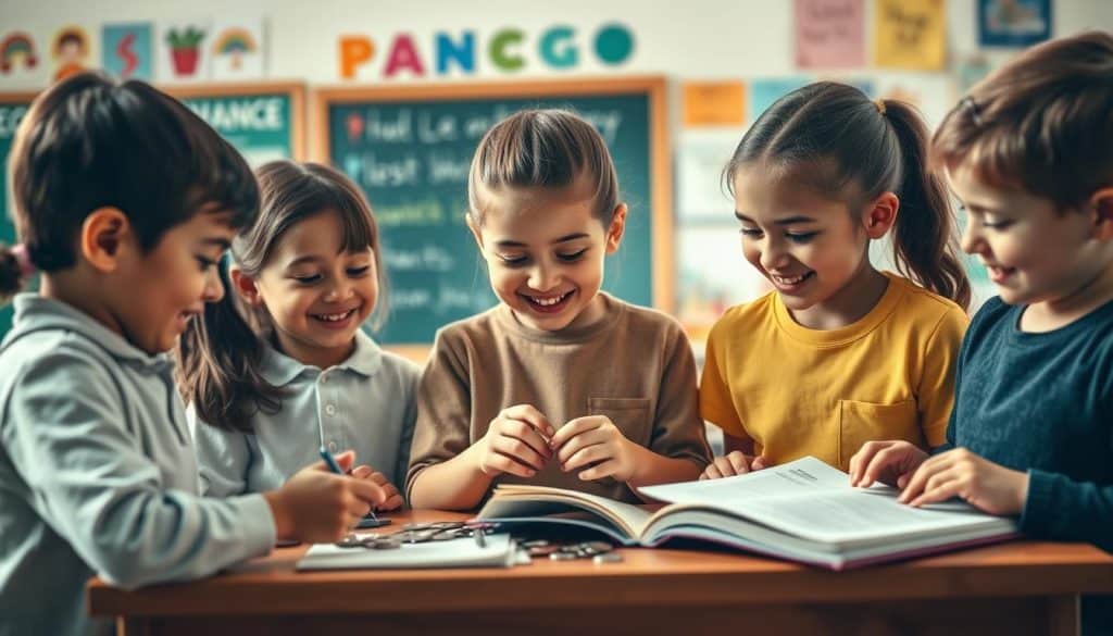 A group of children happily engaged in various financial management activities, such as counting coins, recording transactions in a ledger, and discussing budgeting strategies. The scene is set in a warm, inviting classroom environment, with colorful educational posters and a chalkboard in the background. The children's faces express a sense of concentration and enthusiasm, reflecting their newfound understanding of personal finance. Soft, natural lighting illuminates the scene, creating a serene and educational atmosphere. The composition emphasizes the collaboration and interactive nature of the financial education process, inspiring a deeper appreciation for the importance of financial literacy from a young age. A group of children happily engaged in various financial management activities, such as counting coins, recording transactions in a ledger, and discussing budgeting strategies. The scene is set in a warm, inviting classroom environment, with colorful educational posters and a chalkboard in the background. The children's faces express a sense of concentration and enthusiasm, reflecting their newfound understanding of personal finance. Soft, natural lighting illuminates the scene, creating a serene and educational atmosphere. The composition emphasizes the collaboration and interactive nature of the financial education process, inspiring a deeper appreciation for the importance of financial literacy from a young age.