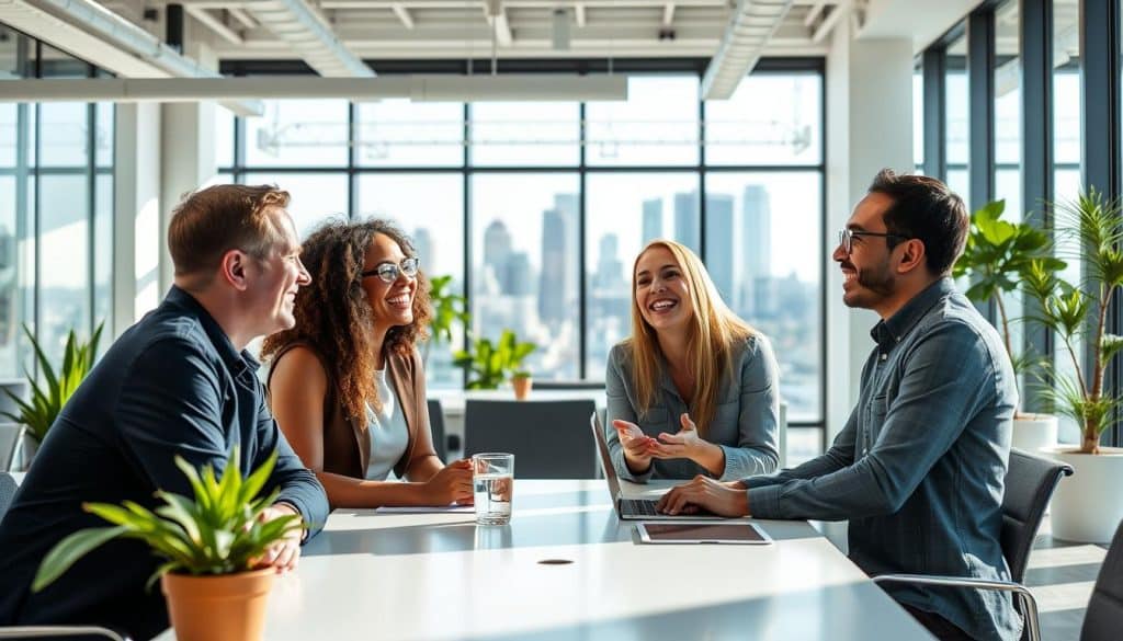 A group of coworkers, smiling and laughing together in a bright, modern office setting. The foreground features four colleagues - a diverse mix of ages, genders, and ethnicities - gathered around a conference table, engaged in a lively discussion. The middle ground showcases a spacious, open-concept workspace with sleek furniture, natural lighting, and plants. In the background, a large window overlooks a bustling city skyline, adding a sense of energy and dynamism. The overall atmosphere conveys a positive, collaborative work environment where camaraderie and teamwork thrive. A group of coworkers, smiling and laughing together in a bright, modern office setting. The foreground features four colleagues - a diverse mix of ages, genders, and ethnicities - gathered around a conference table, engaged in a lively discussion. The middle ground showcases a spacious, open-concept workspace with sleek furniture, natural lighting, and plants. In the background, a large window overlooks a bustling city skyline, adding a sense of energy and dynamism. The overall atmosphere conveys a positive, collaborative work environment where camaraderie and teamwork thrive.