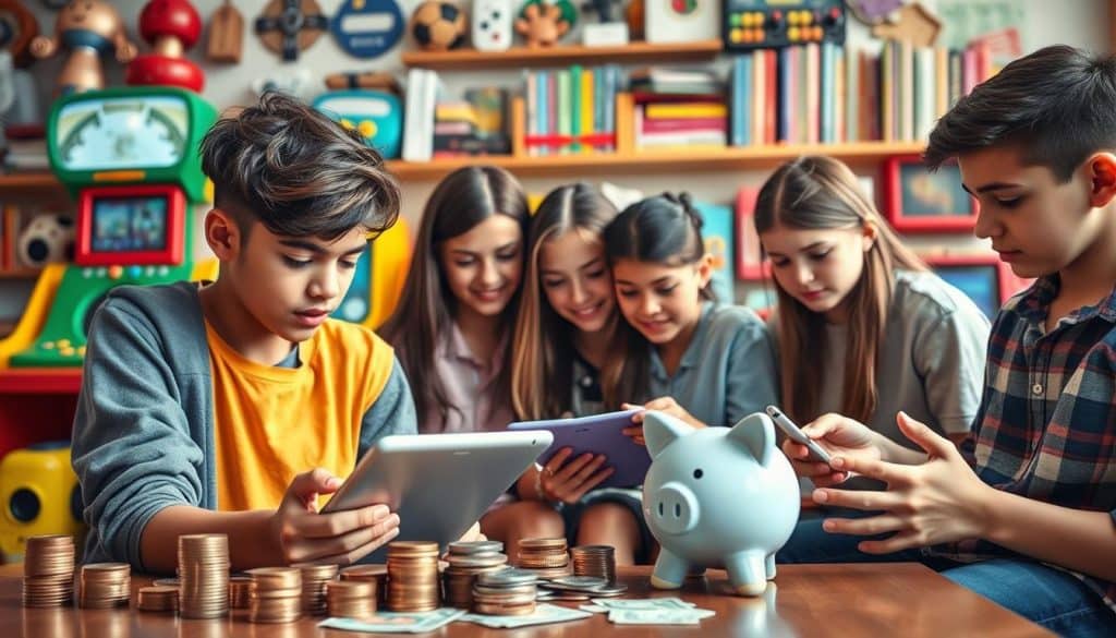 A group of diverse teenagers engaged in various financial activities, set against a vibrant, playful backdrop. In the foreground, a teenager examines a tablet device, surrounded by stacks of coins and bills. In the middle ground, two teens collaborate on a tablet, while another balances a piggy bank. In the background, an array of colorful gaming consoles, books, and other educational resources create an immersive, interactive learning environment. The scene is illuminated by warm, natural lighting, conveying a sense of curiosity, discovery, and the joys of financial education through interactive play.