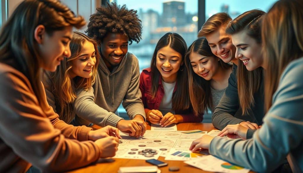 A group of diverse teenagers gathered around a table, engaged in a captivating financial game. The scene is bathed in warm, inviting lighting, creating a cozy and welcoming atmosphere. The teenagers' expressions are focused and determined, as they navigate the intricacies of personal finance through interactive gameplay. The table is adorned with various financial tools and materials, such as coins, bills, and charts, providing a tangible learning experience. In the background, a soft blurred cityscape is visible, hinting at the real-world implications of the financial lessons being learned. The overall composition conveys a sense of dynamic interaction, educational engagement, and the importance of financial literacy for adolescents.