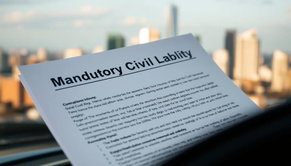 A high-angle view of a car insurance policy document with a prominent "Mandatory Civil Liability" heading, set against a blurred background of a city skyline. The document should have a clean, professional design with crisp typography and clear section titles. The lighting should be soft and evenly distributed, creating a sense of authority and reliability. The overall tone should convey the mandatory and legal nature of this type of car insurance coverage. A high-angle view of a car insurance policy document with a prominent "Mandatory Civil Liability" heading, set against a blurred background of a city skyline. The document should have a clean, professional design with crisp typography and clear section titles. The lighting should be soft and evenly distributed, creating a sense of authority and reliability. The overall tone should convey the mandatory and legal nature of this type of car insurance coverage.