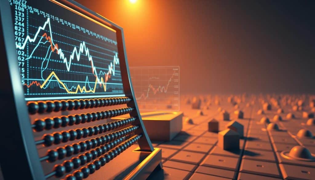 A high-contrast, cinematic scene depicting a collection of intricate mathematical models and financial charts. In the foreground, a sleek, silver abacus with beads that appear to move and shift dynamically. Behind it, a holographic projection of stock market data, with lines and curves that dance across the frame. In the middle ground, a 3D-rendered graph showing complex financial formulas, its surfaces reflecting the warm, golden light of a single spotlight. In the distant background, a vast, minimalist landscape of geometric shapes and patterns, suggesting the scale and complexity of the quantitative finance universe. The overall mood is one of precision, innovation, and the intersection of mathematics and the financial world.