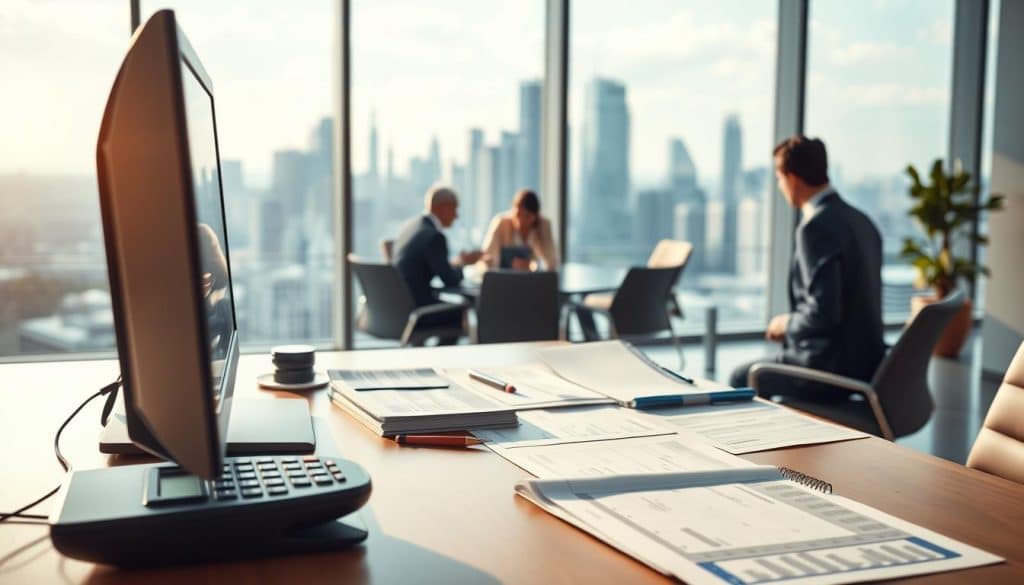 A high-quality corporate office interior, with a well-organized financial management workstation in the foreground. The desk features a modern computer setup, accounting ledgers, and a calculator, all bathed in warm, directional lighting. In the middle ground, a team of business professionals collaborating around a conference table, deep in discussion. The background showcases a panoramic city skyline, conveying a sense of urban financial energy. The overall atmosphere is one of focused, efficient financial operations within a dynamic, professional environment.