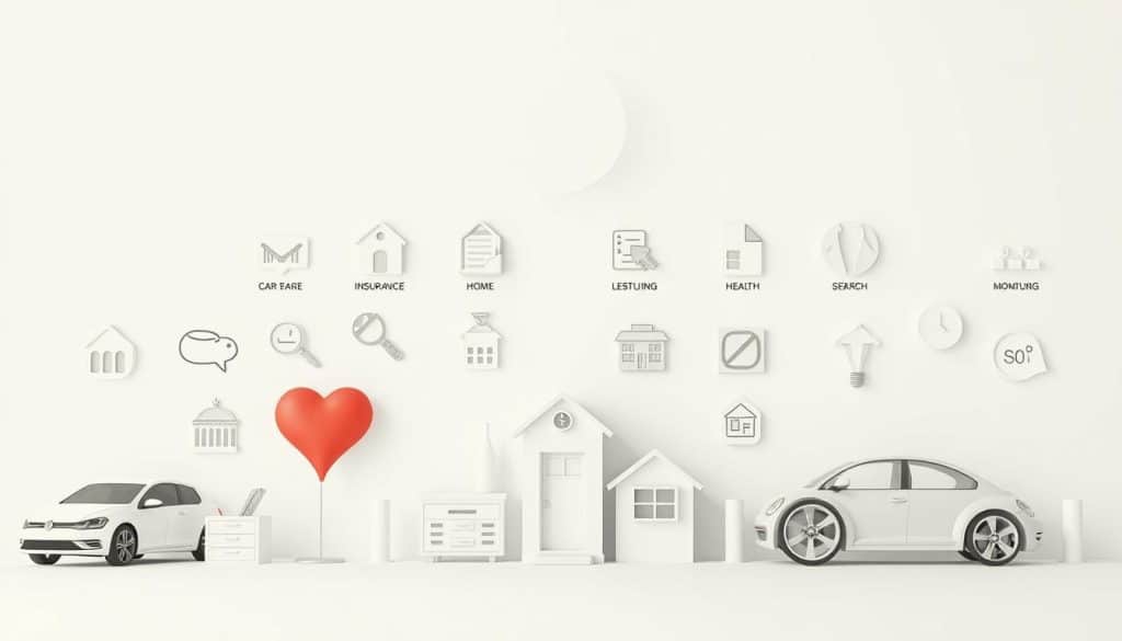 A high-quality, elegantly composed illustration depicting various types of insurance policies - car, home, health, and more - presented in a clear, organized manner against a crisp, minimalist background. The insurance icons and graphics should be rendered with meticulous detail, using a clean, modern aesthetic that conveys a sense of reliability and professionalism. The overall composition should be balanced and visually striking, with a neutral color palette that allows the individual policy types to stand out. The lighting should be soft and even, creating a sense of depth and dimensionality. The camera angle should be slightly elevated, giving the viewer a comprehensive overview of the insurance offerings.