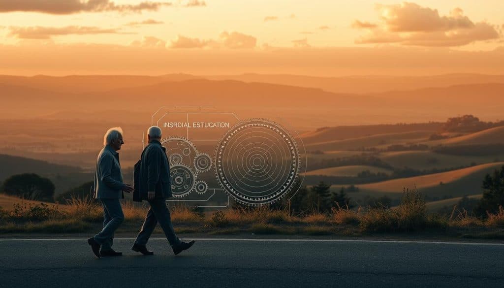 A high-resolution, cinematic illustration showcasing the evolution of the Spanish pension system. The foreground depicts a pair of pensioners, one older and one younger, walking side by side, representing the changing demographics. The middle ground features a detailed schematic of the pension system's structure, with gears and cogs symbolizing its intricate mechanisms. In the background, a panoramic view of the Spanish landscape, with rolling hills and a serene sky, conveys a sense of stability and tradition. The lighting is warm and muted, creating a contemplative atmosphere. The overall composition emphasizes the gradual transformation of the pension system, balancing the human element with the technical aspects. A high-resolution, cinematic illustration showcasing the evolution of the Spanish pension system. The foreground depicts a pair of pensioners, one older and one younger, walking side by side, representing the changing demographics. The middle ground features a detailed schematic of the pension system's structure, with gears and cogs symbolizing its intricate mechanisms. In the background, a panoramic view of the Spanish landscape, with rolling hills and a serene sky, conveys a sense of stability and tradition. The lighting is warm and muted, creating a contemplative atmosphere. The overall composition emphasizes the gradual transformation of the pension system, balancing the human element with the technical aspects.