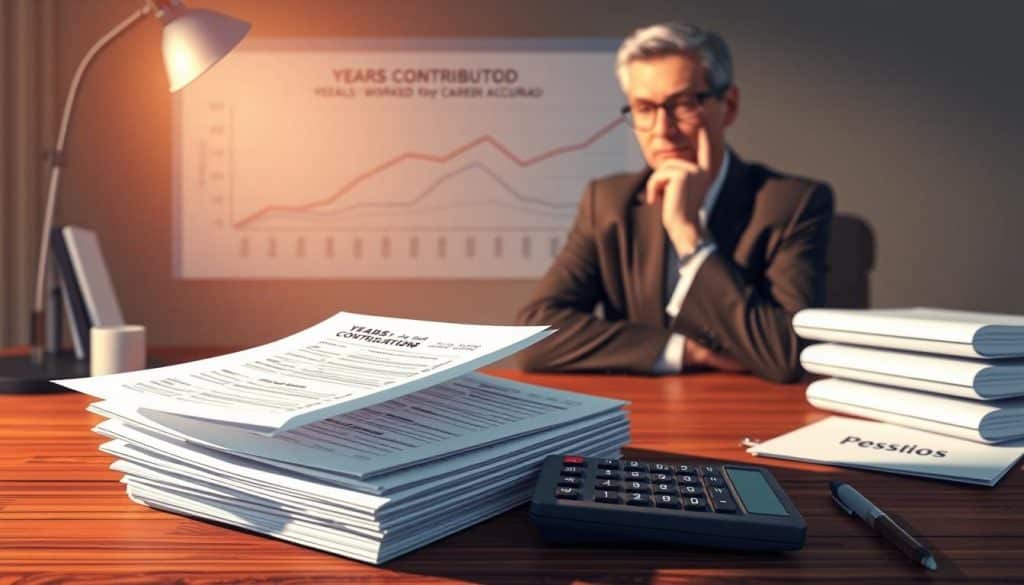 A high-resolution digital illustration depicting the impact of years contributed on pension calculations. In the foreground, a stack of financial documents and a calculator sit on a wooden desk, casting warm, directional lighting. In the middle ground, a person in business attire thoughtfully reviews the documents, their expression conveying contemplation. In the background, an abstract graph or chart visualizes the relationship between years worked and pension accrual. The overall mood is serious yet optimistic, inviting the viewer to consider the importance of tracking their career contributions. The composition and color palette evoke a sense of professionalism and financial security. A high-resolution digital illustration depicting the impact of years contributed on pension calculations. In the foreground, a stack of financial documents and a calculator sit on a wooden desk, casting warm, directional lighting. In the middle ground, a person in business attire thoughtfully reviews the documents, their expression conveying contemplation. In the background, an abstract graph or chart visualizes the relationship between years worked and pension accrual. The overall mood is serious yet optimistic, inviting the viewer to consider the importance of tracking their career contributions. The composition and color palette evoke a sense of professionalism and financial security.
