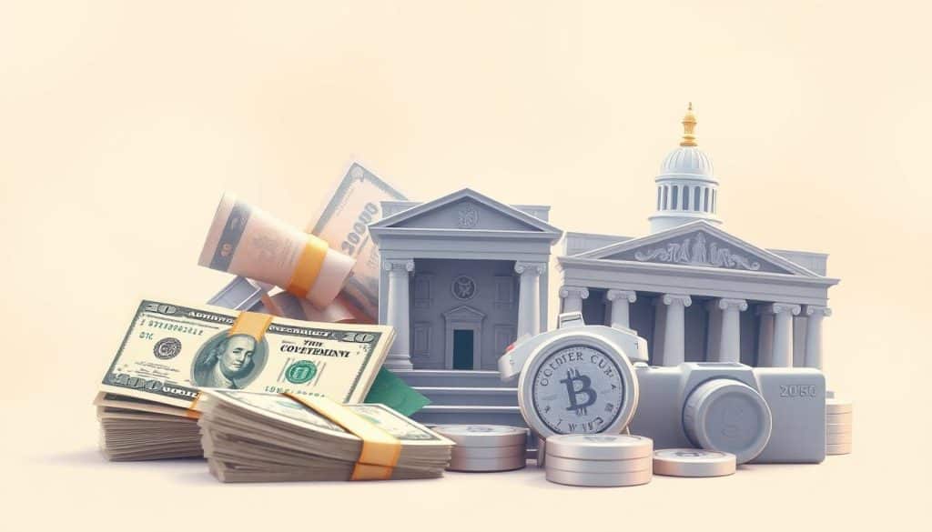 A high-resolution digital illustration of various short-term financial instruments, including cash, short-term government bonds, and money market funds, arranged in a dynamic, visually appealing composition. The instruments are depicted with intricate details, crisp textures, and a clean, minimalist aesthetic, set against a softly blurred, warm-toned background that conveys a sense of professionalism and financial stability. The overall composition is well-balanced, with a clear focal point and a sense of depth and movement, effectively showcasing the diverse array of short-term investment options.
