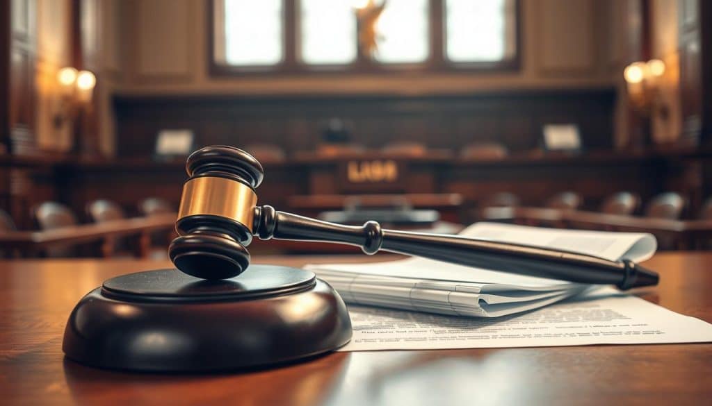 A high-resolution, photorealistic image of a judge's gavel and legal documents on a wooden desk, with a blurred background of a courthouse interior. The lighting is warm and natural, creating a sense of authority and gravity. The composition places the gavel and documents in the foreground, with subtle details like a name plate or stamp visible. The image conveys the solemnity and formality of the legal process surrounding minors and inheritance, without any distracting elements.