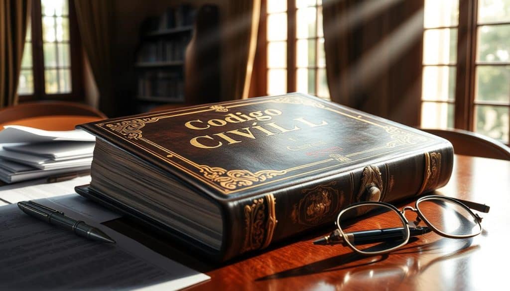 A large, ornate book resting on a polished wooden table, its leather-bound cover embossed with the words "Código Civil". Rays of soft, natural light filter through tall windows, illuminating the tome's intricate gold-leaf detailing. Surrounding the book are scattered legal documents, a quill pen, and a pair of reading glasses, hinting at the importance and gravitas of the subject matter. The overall mood is one of scholarly contemplation and the weighty significance of legal inheritance regulations.
