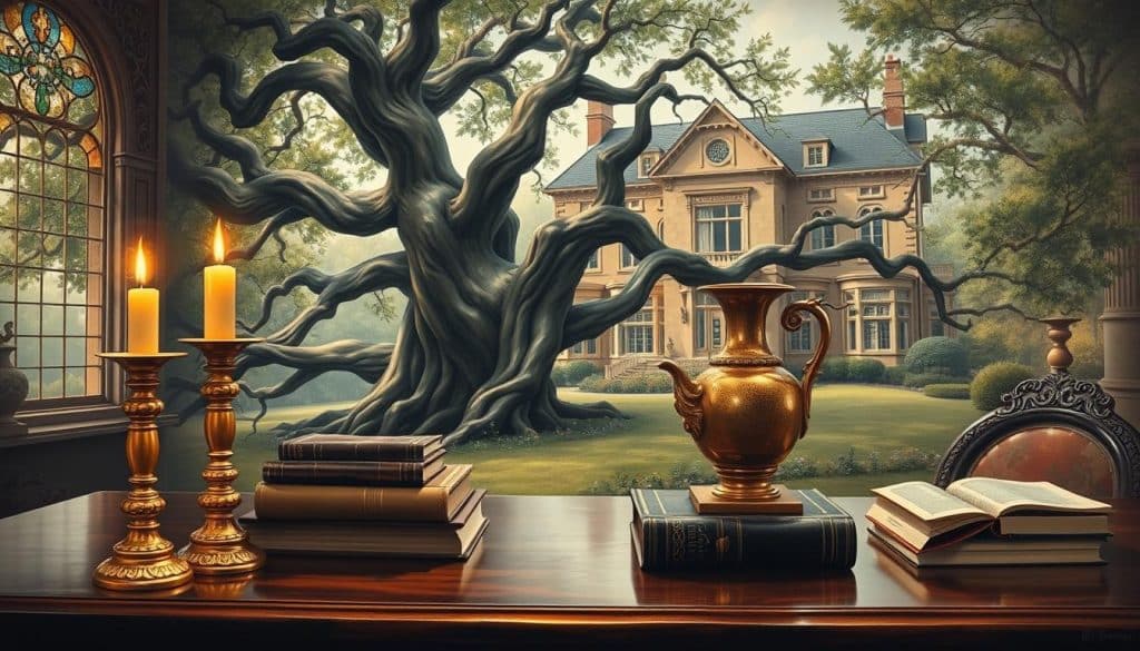 A lush, oil-painted scene depicting the interplay of inherited wealth and community property. In the foreground, ornate golden candlesticks, ancient tomes, and a family heirloom vase sit atop a polished wooden table, casting a warm glow. The middle ground features a sprawling family tree, its branches twisting and intertwining, symbolizing the complex web of familial relationships and legacies. In the background, a stately manor house stands majestically, its architecture a blend of classic and modern elements, representing the melding of the old and the new. Soft lighting filters through stained glass windows, imbuing the scene with a sense of reverence and timelessness. The overall tone is one of contemplation, as if inviting the viewer to ponder the delicate balance between personal inheritance and shared prosperity.