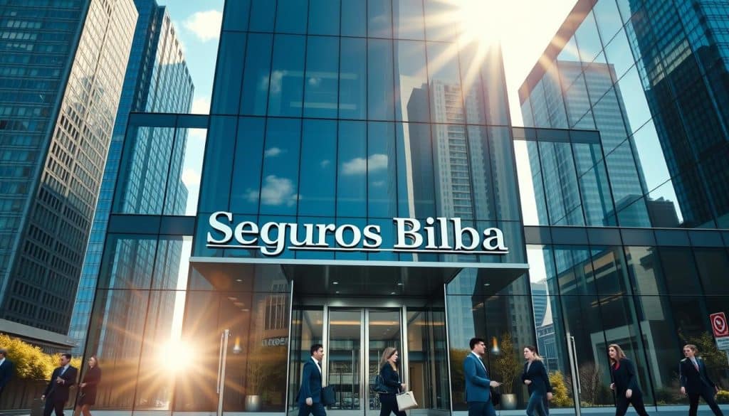 A majestic corporate office building, with a modern glass facade reflecting the sky and surrounding cityscape. The entrance is adorned with a prominent sign reading "Seguros Bilbao" in a sleek, sophisticated font. The building is set against a backdrop of towering skyscrapers, conveying a sense of authority and reliability. Sunlight streams through the windows, creating a warm, inviting atmosphere. In the foreground, well-dressed professionals hurry in and out, representing the efficiency and expertise of the insurance company. The overall scene exudes an air of professionalism, trust, and stability.