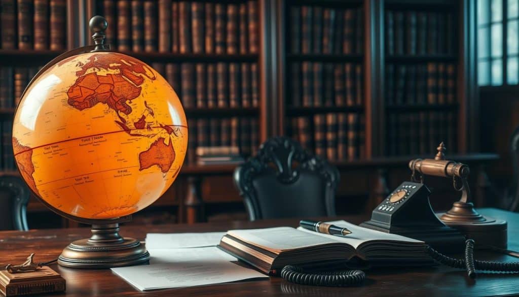 A majestic globe, representing the interconnected world, sits prominently in the foreground, casting a warm, amber-hued glow. In the middle ground, an ornate, antique-looking desk is adorned with scattered documents, a quill pen, and a vintage telephone, hinting at the complexities of international inheritance. The background features a richly textured, wooden bookcase filled with leather-bound tomes, evoking a sense of history and legal expertise. The lighting is soft and dramatic, creating a contemplative, scholarly atmosphere. The overall composition conveys the nuanced, intricate nature of "Herencias Internacionales," the subject at hand.