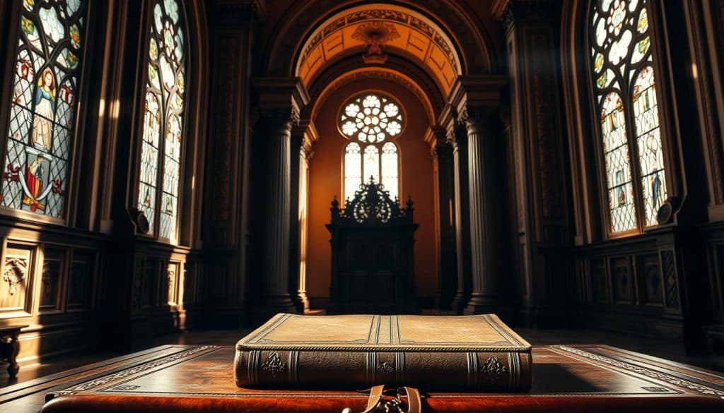 A majestic, ornate archway stands tall, its intricate carvings and columns casting dramatic shadows. Sunlight filters through stained glass windows, casting a warm, reverent glow upon a scene of solemn reflection. In the foreground, a leather-bound tome rests upon an ornate wooden desk, symbolizing the weighty legacy of succession law. The room's austere, dignified atmosphere evokes the solemnity and complexity of navigating the "derecho sucesorio" - the legal framework governing the transfer of property and assets after one's passing.