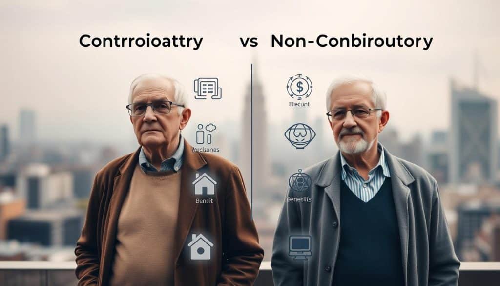 A meticulously crafted image of the conceptual differences between contributory and non-contributory pensions. In the foreground, two elderly individuals, one representing the contributory system and the other the non-contributory, stand in contrast, their demeanors and attire reflecting their distinct financial situations. In the middle ground, abstract symbols and infographic elements illustrate the key distinctions - eligibility requirements, benefit amounts, and funding sources. The background features a muted, blurred cityscape, creating a sense of societal context. The lighting is soft and diffused, conveying a contemplative mood. The overall composition is balanced and visually compelling, inviting the viewer to explore the nuances of these two pension schemes.