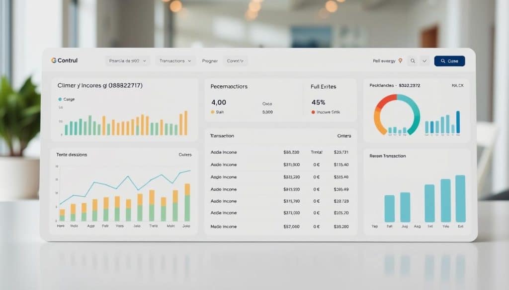 A meticulously designed personal finance dashboard, showcasing a clean and organized "control de ingresos y gastos" (income and expense tracking) interface. The layout features a minimalist aesthetic with subtle pastel tones, creating a calming and focused atmosphere. In the foreground, a series of charts and graphs display financial data in an intuitive and visually appealing manner, allowing for quick analysis of spending patterns and income sources. The middle ground features a neatly organized list of recent transactions, while the background subtly depicts a serene, blurred office setting, emphasizing the importance of financial organization and control. The overall composition conveys a sense of clarity, control, and financial well-being, aligning perfectly with the article's focus on making informed financial decisions without stress. A meticulously designed personal finance dashboard, showcasing a clean and organized "control de ingresos y gastos" (income and expense tracking) interface. The layout features a minimalist aesthetic with subtle pastel tones, creating a calming and focused atmosphere. In the foreground, a series of charts and graphs display financial data in an intuitive and visually appealing manner, allowing for quick analysis of spending patterns and income sources. The middle ground features a neatly organized list of recent transactions, while the background subtly depicts a serene, blurred office setting, emphasizing the importance of financial organization and control. The overall composition conveys a sense of clarity, control, and financial well-being, aligning perfectly with the article's focus on making informed financial decisions without stress.