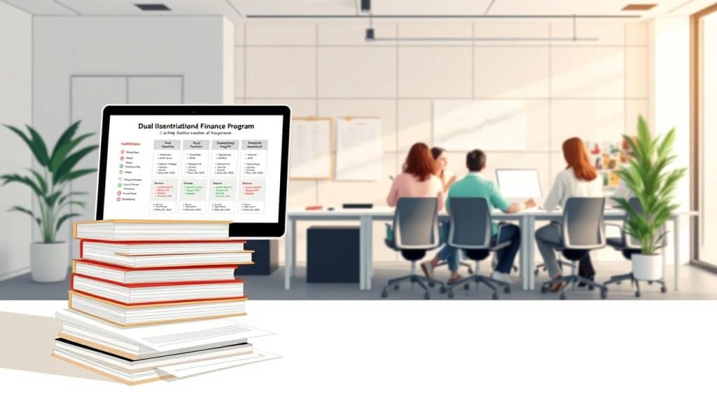 A meticulously detailed illustration of a "Dual Administration and Finance Degree Program" with a clean, professional aesthetic. In the foreground, a stack of books and documents representing the curriculum, alongside a laptop displaying a schedule and course outline. In the middle ground, students collaborating in a modern, well-equipped classroom, with desks, whiteboards, and other educational props. The background showcases a sleek, minimalist office space, hinting at the practical, career-focused nature of the program. The overall scene is bathed in warm, natural lighting, creating a welcoming and productive atmosphere. The composition emphasizes the balance between theoretical knowledge and practical application, essential for the dual study model.