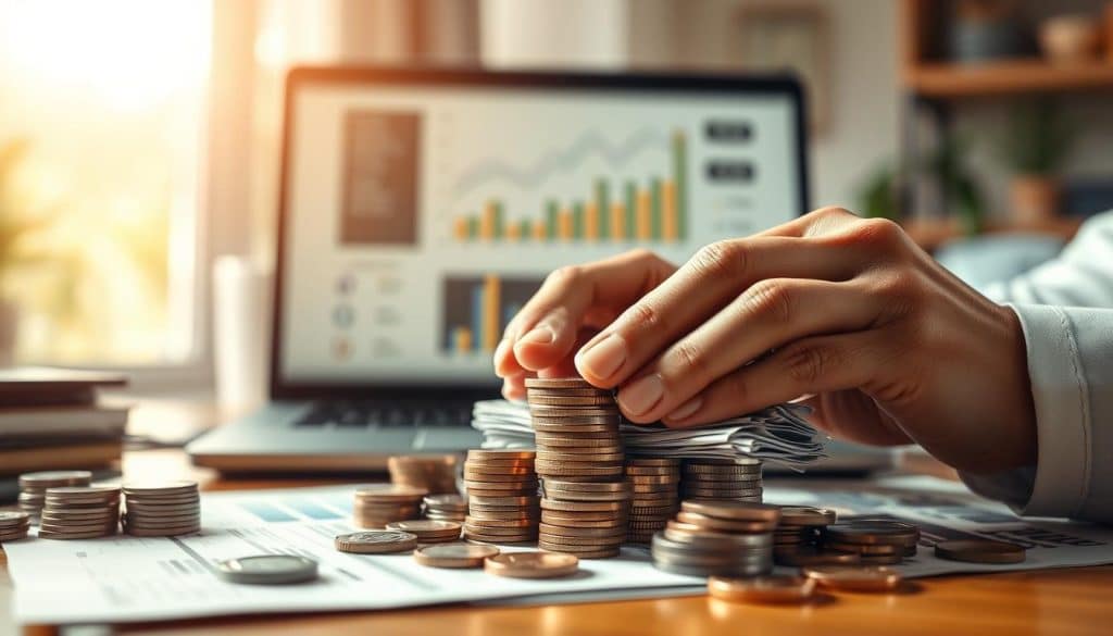 A meticulously detailed illustration of financial management, set against a warm, soft-focus backdrop. In the foreground, a person's hands carefully organizing a stack of coins, bills, and financial documents, conveying a sense of control and responsibility. The middle ground features a laptop displaying charts and graphs, while the background showcases a serene, sun-dappled domestic scene, suggesting the broader context of daily life. The lighting is natural and gentle, creating a calming, contemplative mood. Captured with a shallow depth of field, the image emphasizes the tactile, hands-on nature of personal finance, inviting the viewer to consider the real-world impacts of sound money management. A meticulously detailed illustration of financial management, set against a warm, soft-focus backdrop. In the foreground, a person's hands carefully organizing a stack of coins, bills, and financial documents, conveying a sense of control and responsibility. The middle ground features a laptop displaying charts and graphs, while the background showcases a serene, sun-dappled domestic scene, suggesting the broader context of daily life. The lighting is natural and gentle, creating a calming, contemplative mood. Captured with a shallow depth of field, the image emphasizes the tactile, hands-on nature of personal finance, inviting the viewer to consider the real-world impacts of sound money management.