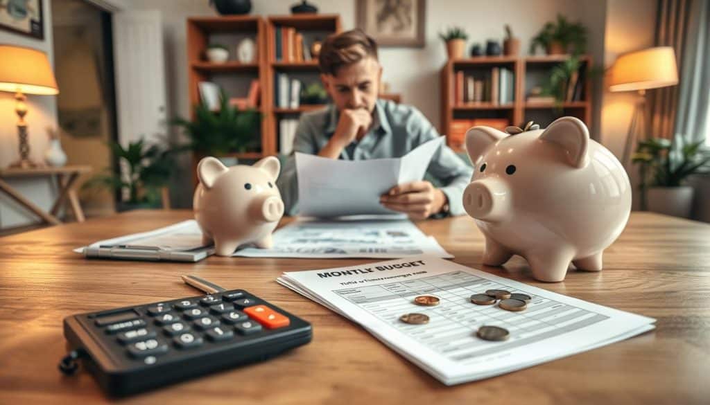 A meticulously detailed personal finance scene depicting the value of a household budget and emergency fund. In the foreground, a wooden table showcases neatly organized financial documents, a calculator, and a piggy bank overflowing with coins. In the middle ground, a person sits at the table, thoughtfully reviewing their monthly expenses. The background features a cozy domestic setting with bookshelves, potted plants, and warm lighting, conveying a sense of security and stability. The overall mood is one of diligence, responsibility, and prudent financial planning. Captured with a wide-angle lens and soft, natural illumination to emphasize the importance of these fundamental personal finance concepts. A meticulously detailed personal finance scene depicting the value of a household budget and emergency fund. In the foreground, a wooden table showcases neatly organized financial documents, a calculator, and a piggy bank overflowing with coins. In the middle ground, a person sits at the table, thoughtfully reviewing their monthly expenses. The background features a cozy domestic setting with bookshelves, potted plants, and warm lighting, conveying a sense of security and stability. The overall mood is one of diligence, responsibility, and prudent financial planning. Captured with a wide-angle lens and soft, natural illumination to emphasize the importance of these fundamental personal finance concepts.