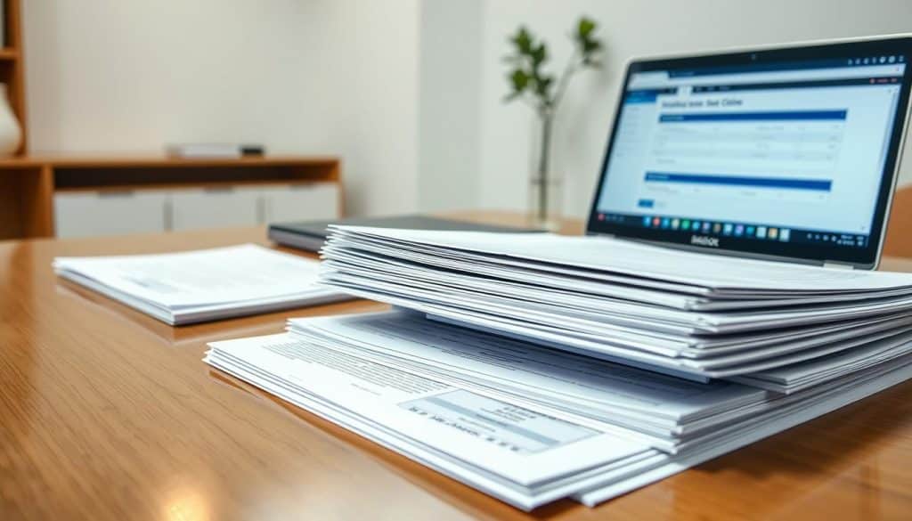 A meticulously organized collection of official documents, neatly arranged on a polished wooden desk. In the foreground, a stack of forms and certificates, their edges crisp and pristine. The middle ground features a laptop, its screen displaying a digital interface for managing inheritance claims. In the background, a well-lit room with minimalist decor, creating a sense of professionalism and authority. The overall atmosphere conveys a tone of meticulous attention to detail, legal precision, and the gravity of the inheritance process. Neutral lighting and a clean, streamlined composition emphasize the importance of the documentation required to navigate the inheritance process.