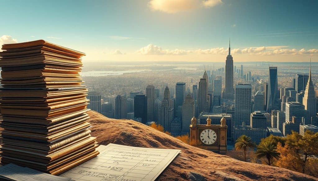 A meticulously rendered, photorealistic landscape depicting the evolution of quantitative finance. In the foreground, a towering stack of ledgers and financial documents, symbolizing the historical foundations of the field. The middle ground features a cluster of complex mathematical equations and algorithms, representing the mathematical underpinnings of quantitative finance. In the background, a panoramic vista of skyscrapers and bustling financial hubs, showcasing the real-world applications and impact of quantitative methods. The scene is illuminated by a warm, golden light, conveying a sense of progress and enlightenment. The composition is balanced and harmonious, with a strong sense of depth and perspective, highlighting the interconnected nature of the past, present, and future of quantitative finance.